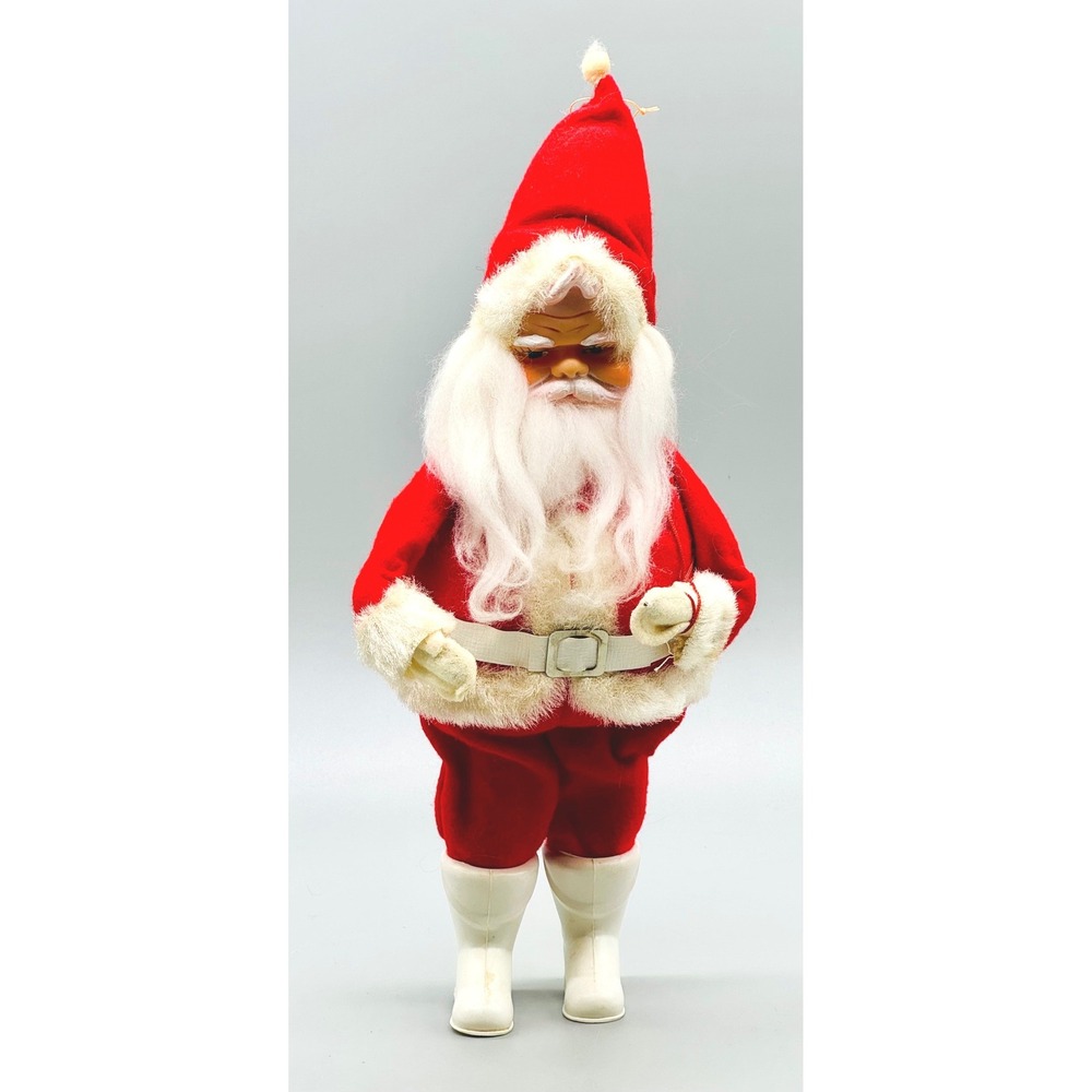 Vintage Santa Claus Figurine Plush Suit Rubber Face Christmas Decor Mid Century